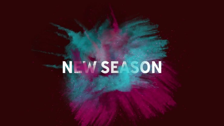 Animation of new season text banner over pink and blue powder explosion against black background