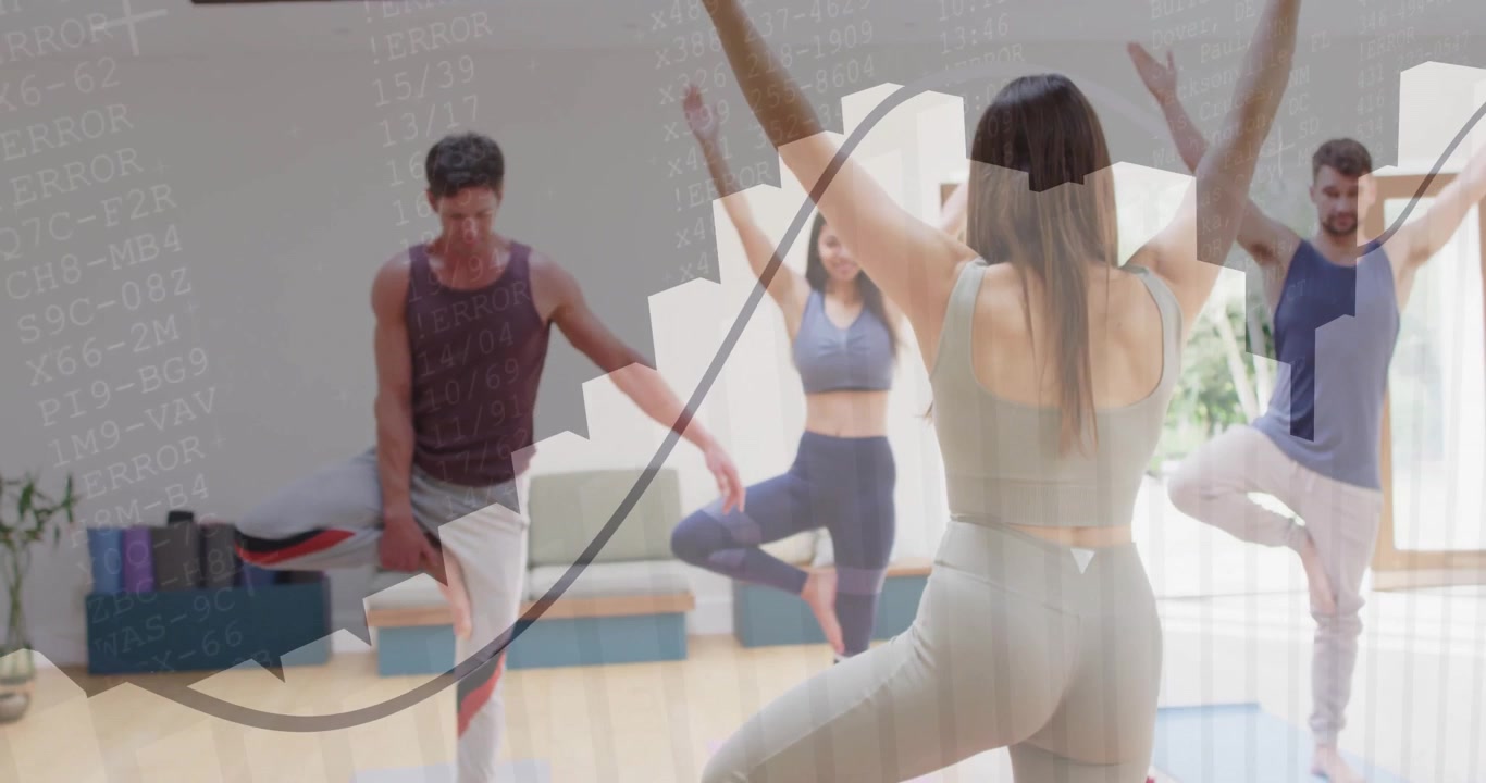 instructor signaling in yoga studio group holding tree pose, chart overlaying scene showing breath