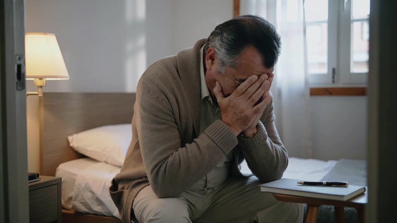 一位穿著米色開襟羊毛衫的老年男子，靠在床上掩面沉思，旁邊有檯燈和筆記本