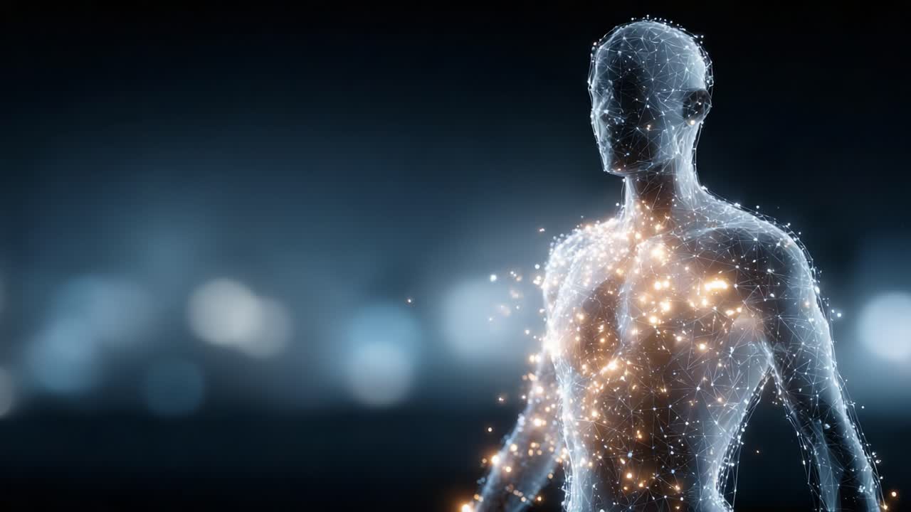 Un'accattivante rappresentazione visiva di una figura umanoide composta da particelle luminose, che illustra la fusione tra tecnologia e forma umana in un affascinante paesaggio digitale.