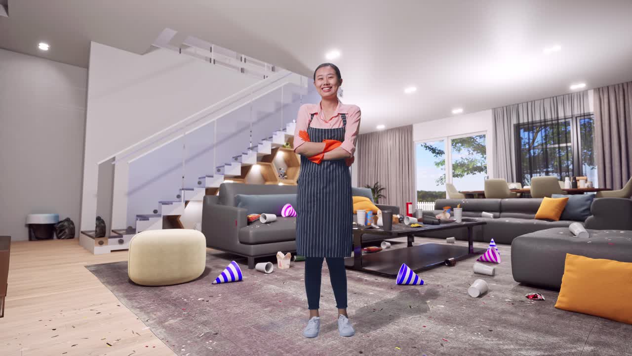 Full Body Of Asian Female Housekeeper With An Apron Warmly Smiling And Crossing Her Arms While Standing In House
