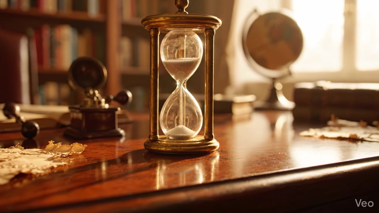 Elegant Vintage Hourglass Captured in Natural Light, Surrounded by a Cozy Study Setting with Books and Antique Decor, Symbolizing the Passage of Time and Reflection