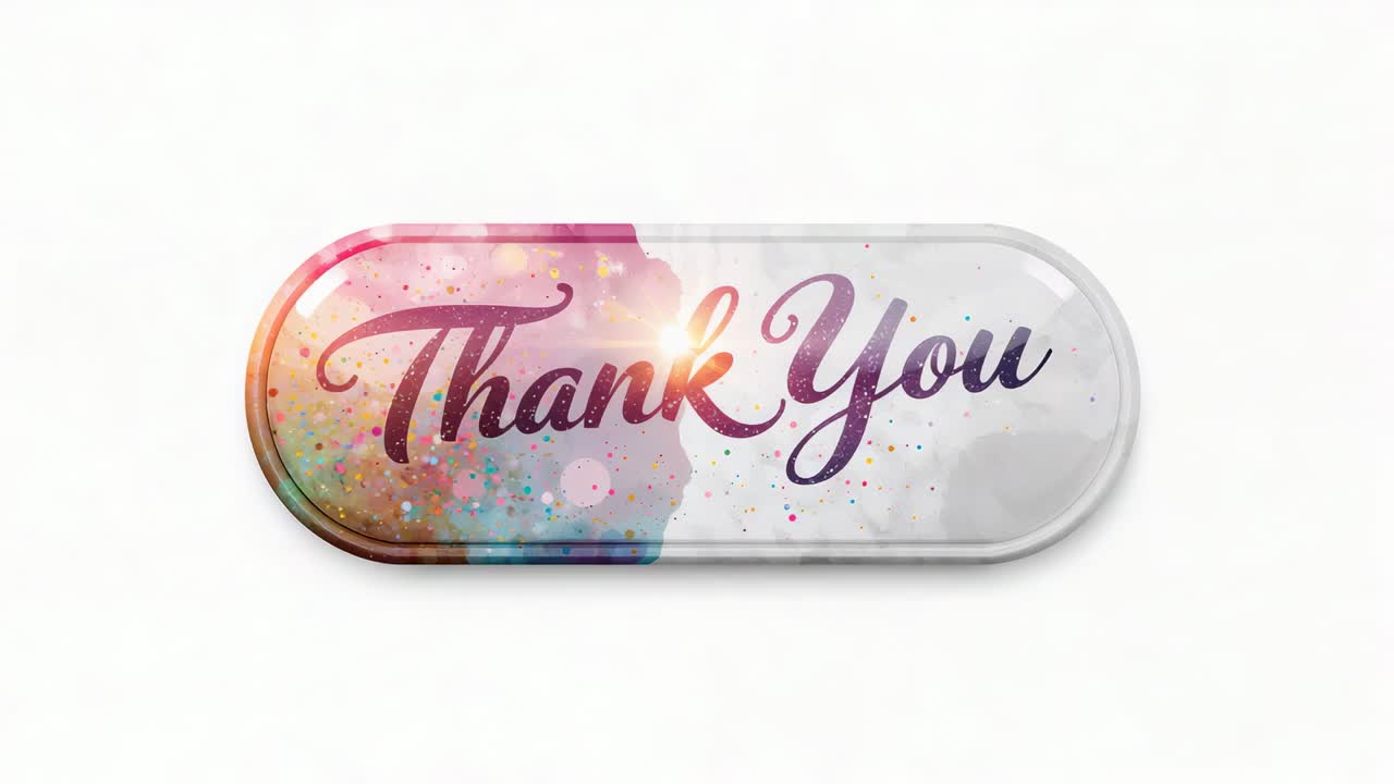 Shifting glossy capsule button showing sheen as light shifts on white background, cursive Thank You