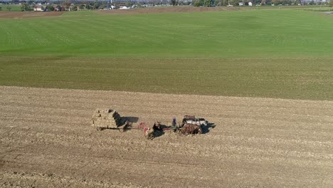 Aerial-View-of-an-Amish-Man-and-Woman-Harvesting-Corn-Stalks-and-Bailing-in-Squares-with-Horse-Drawn-Equipment-on-a-Sunny-Fall-Day