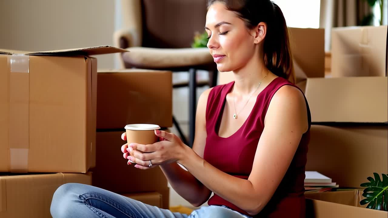 Woman enjoying coffee while moving into a new home