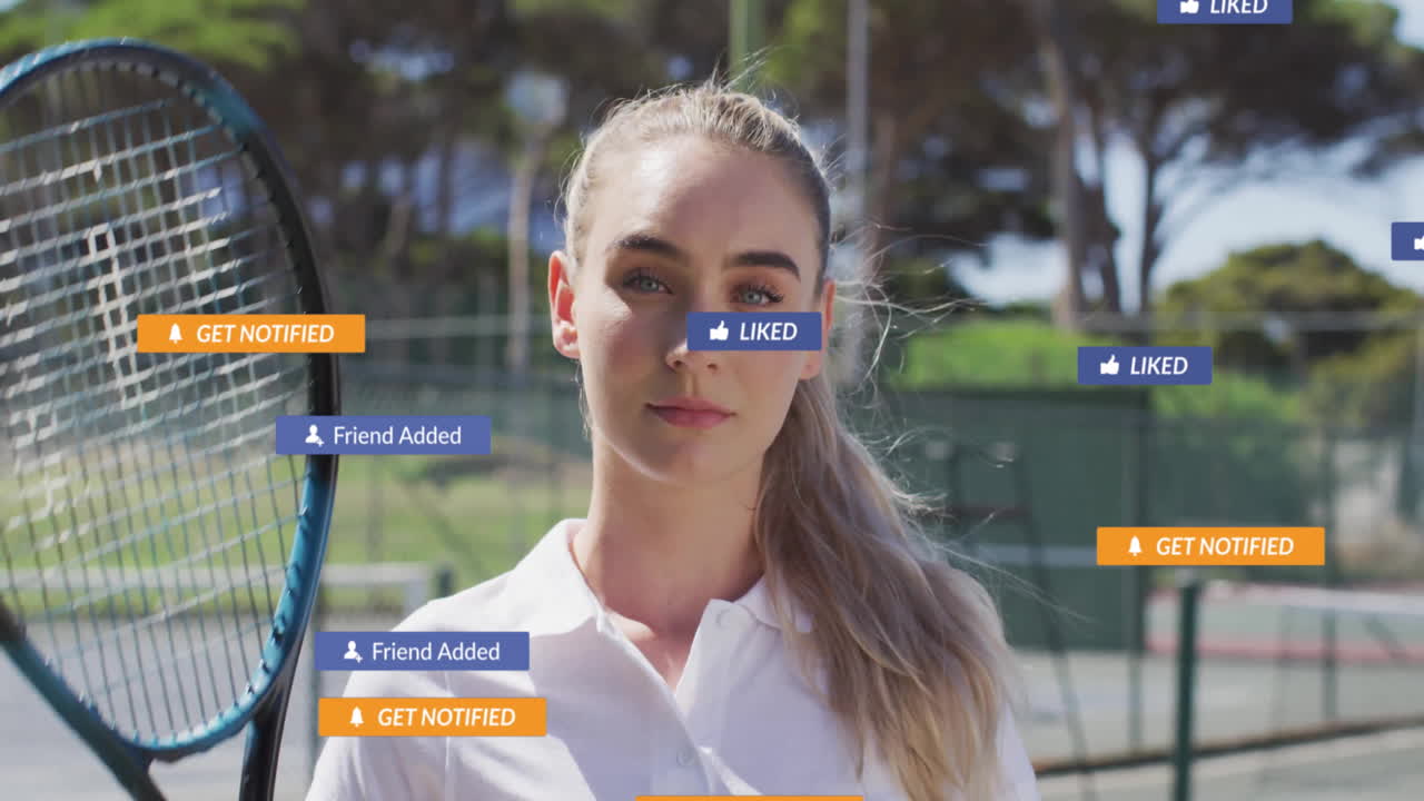 Female tennis player standing on outdoor court, showcasing floating social media marketing icons