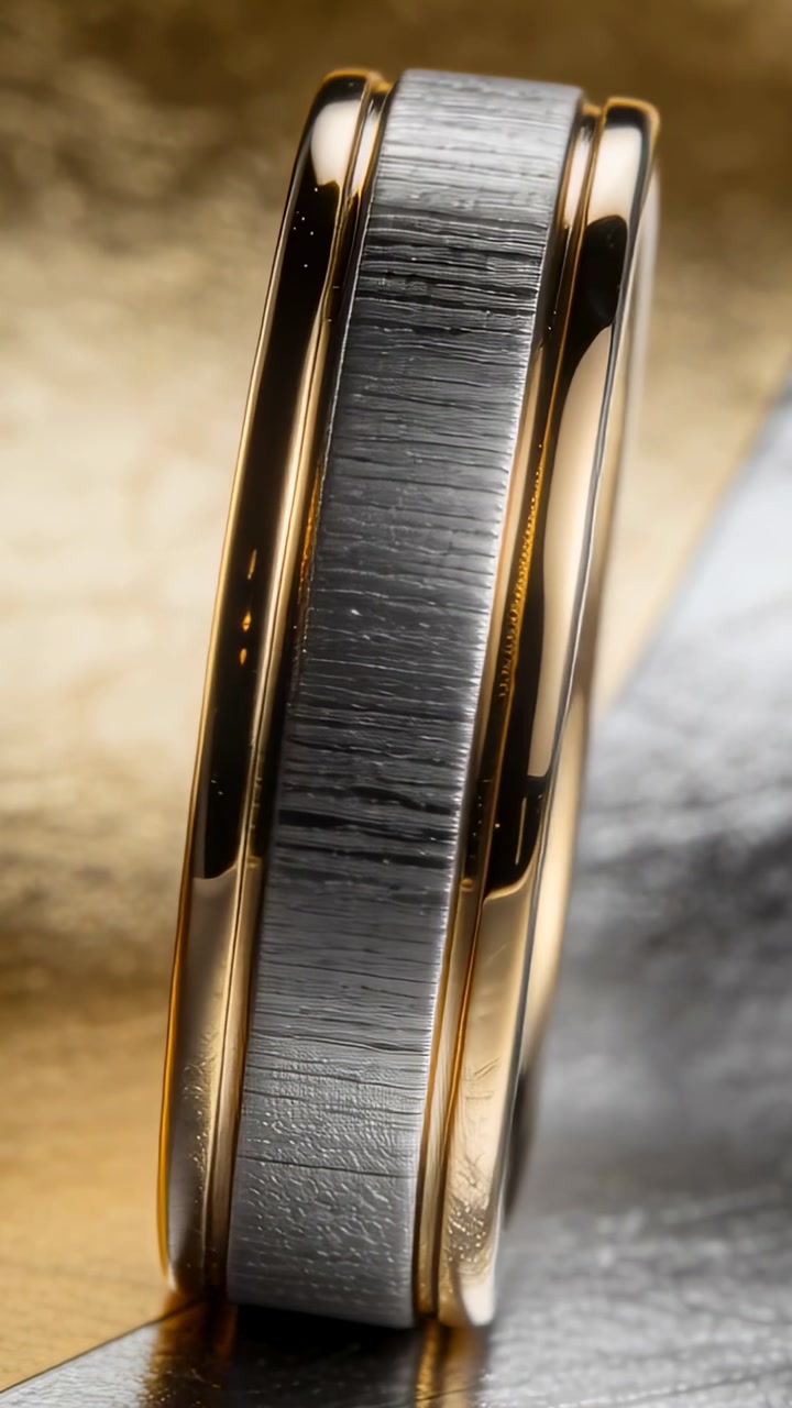 Vertical video: Rotating two-tone ring while camera panning, showing brushed silver and gold edges
