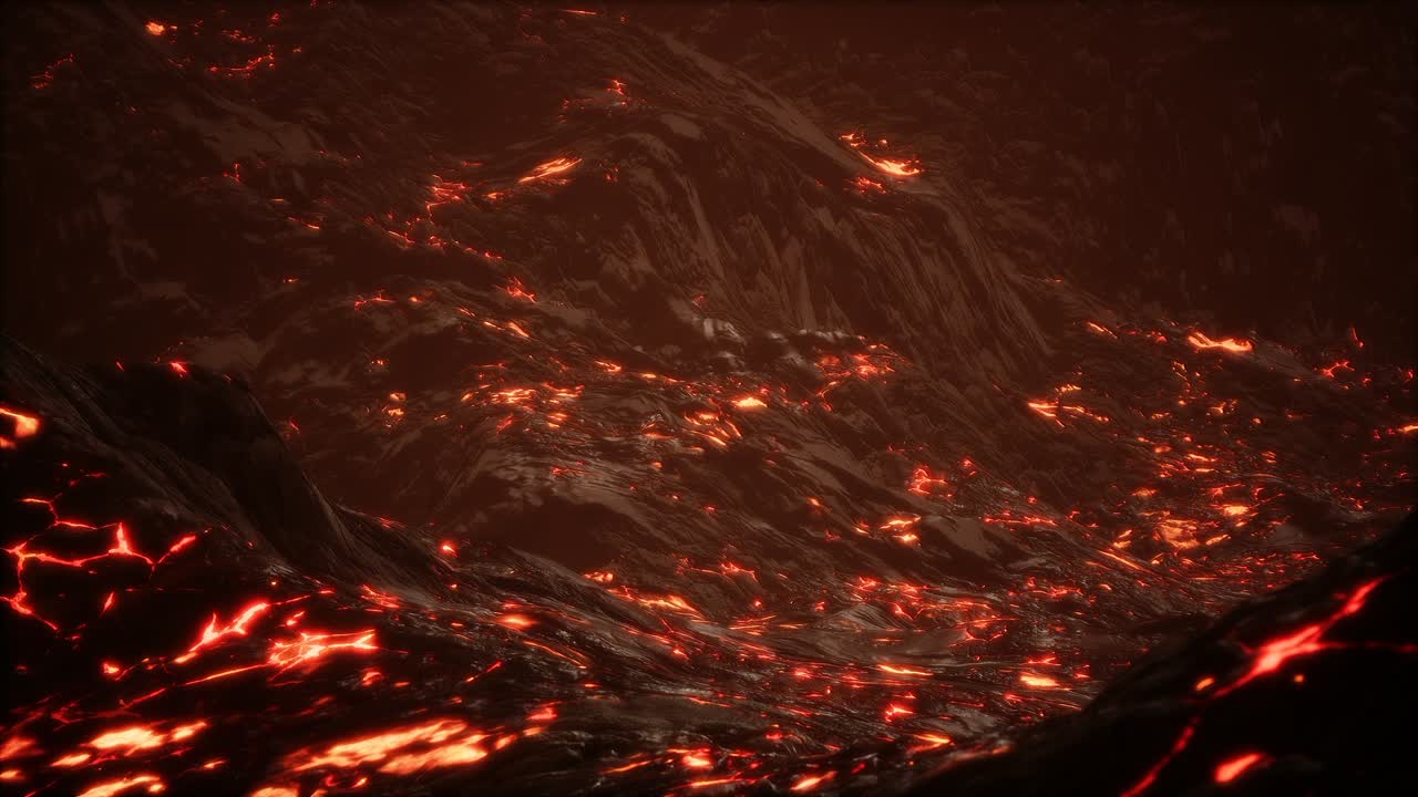 Red Orange vibrant Molten Lava flowing onto grey lavafield and glossy rocky land