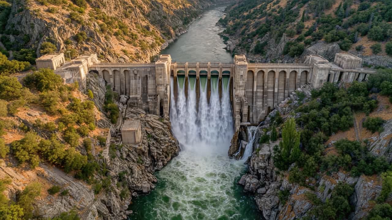 Yukarıdan Çekilmiş, Yemyeşil Bitki Örtüsü ve Kayalık Arazi ile Manzaralı Nehir Peyzajını Zenginleştiren Büyük Bir Barajda Rafting Suyunun Çarpıcı Görünümü