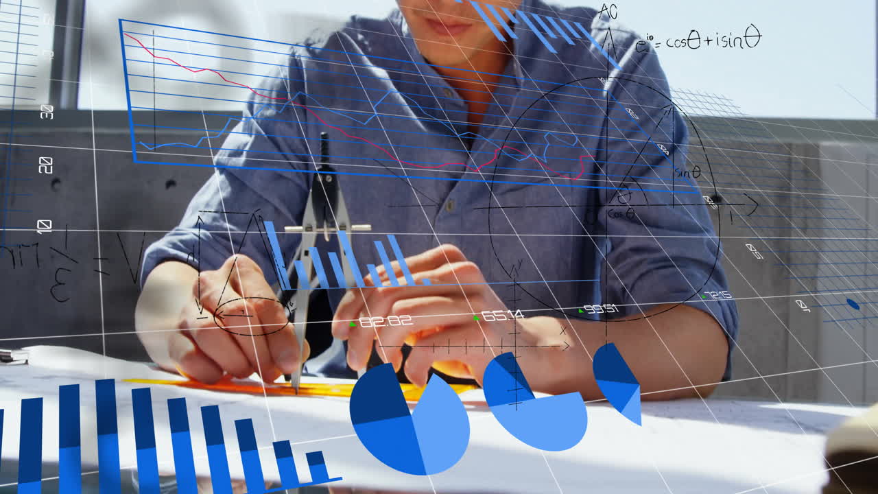 animación de ecuaciones matemáticas y procesamiento de datos financieros sobre arquitecto masculino asiático