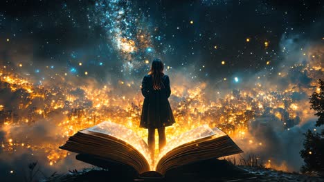 girl stands on a giant open book under a starry night sky