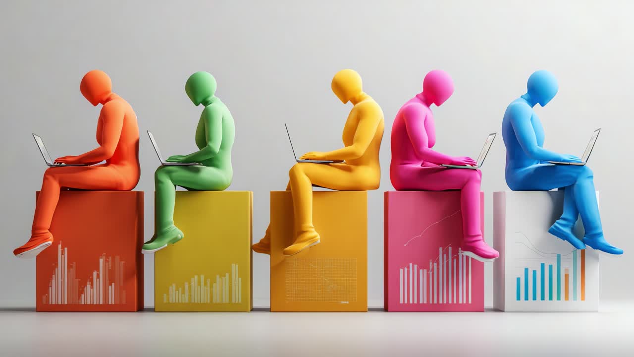 Colorful Abstract Representation of Data Analysis: Five Figurines Engaged with Laptops on Graphical Boxes Symbolizing Diverse Insights and Digital Interaction in Modern Technology