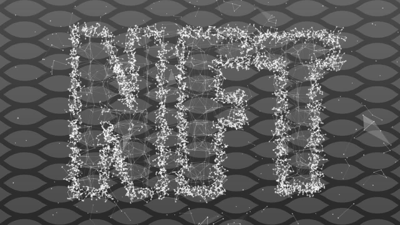 Featuring white particle network forming NFT letters, glowing and connecting over dark gray ovals