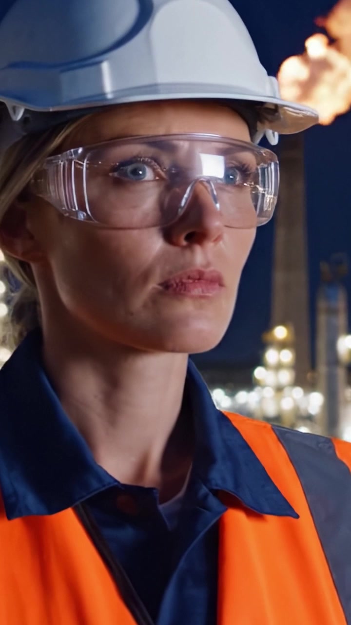 Operaio industriale concentrato con equipaggiamento di sicurezza di notte, che osserva una raffineria con fiamme che fuoriescono da un'alta ciminiera, dimostrando dedizione e vigilanza in un ambiente impegnativo.
