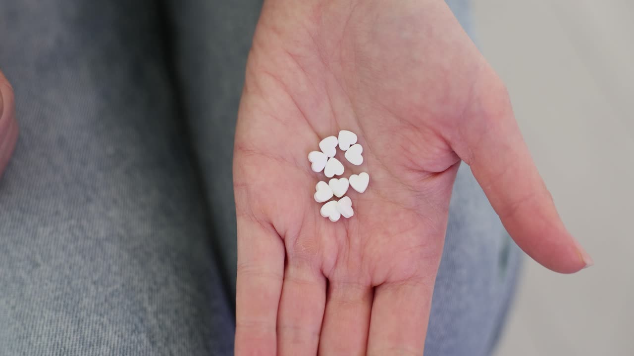 A hand holding several small white heart-shaped pills