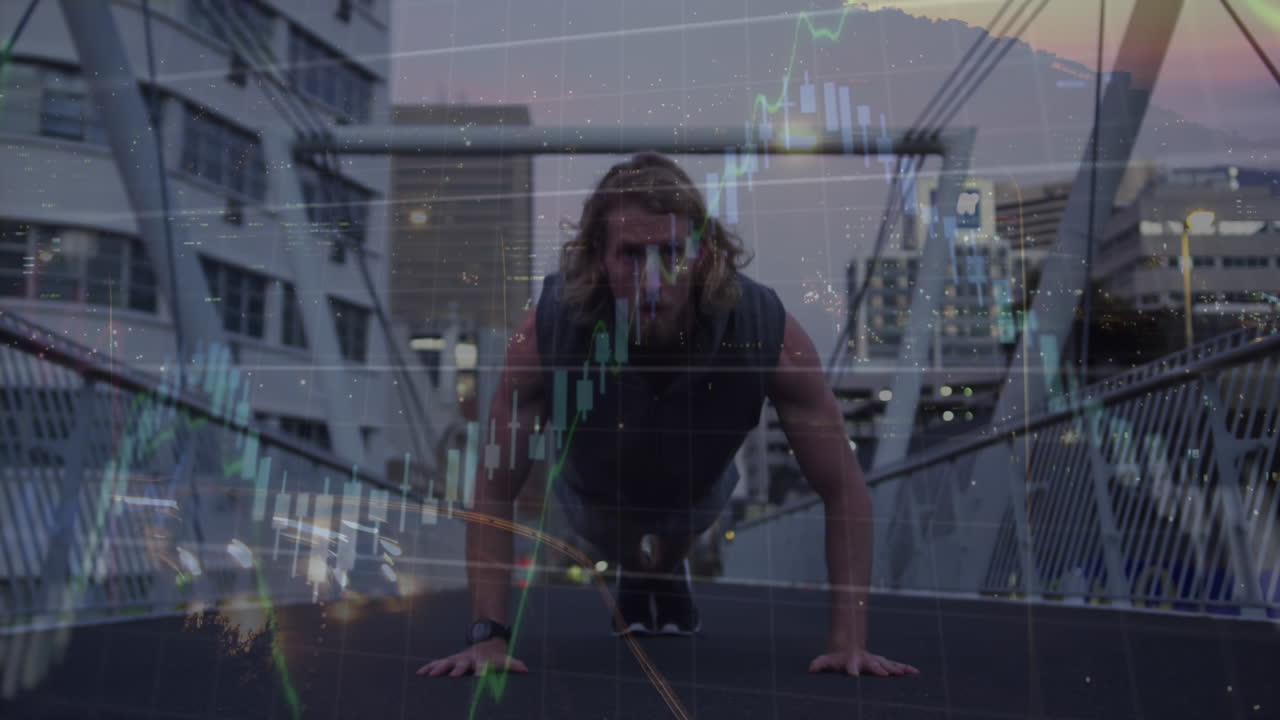 animación de procesamiento de datos financieros sobre hombre caucásico haciendo flexiones en la ciudad