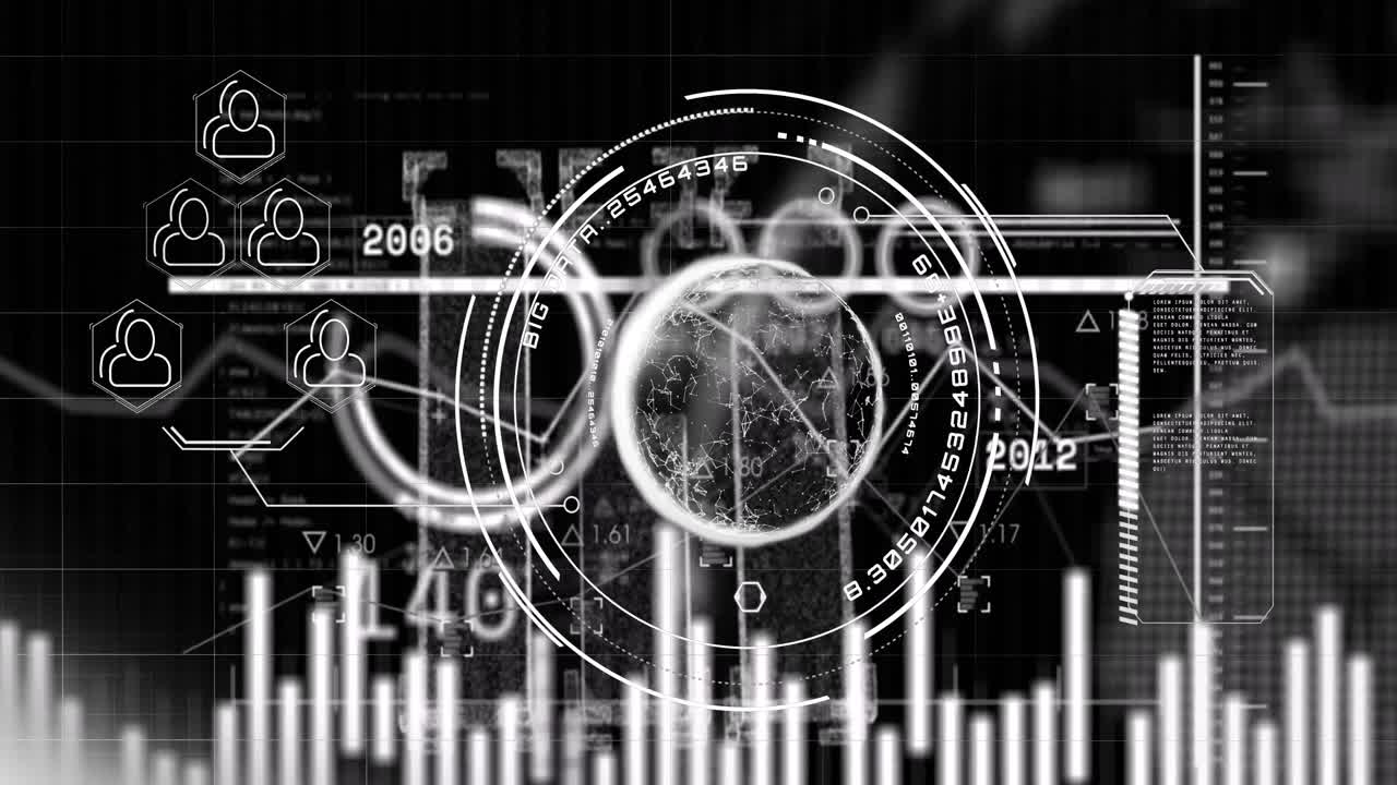 Animation of scope scanning and data processing over eye of caucasian woman