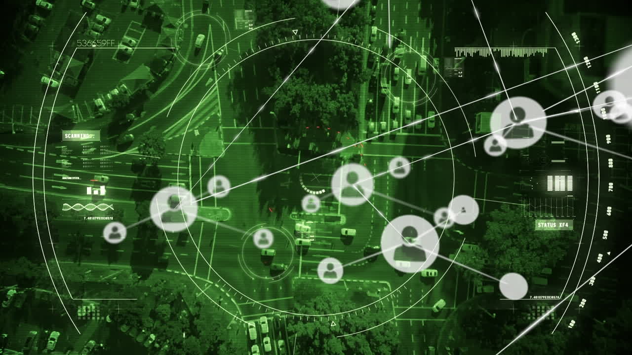 都市風景上のアイコンの接続ネットワークのアニメーション