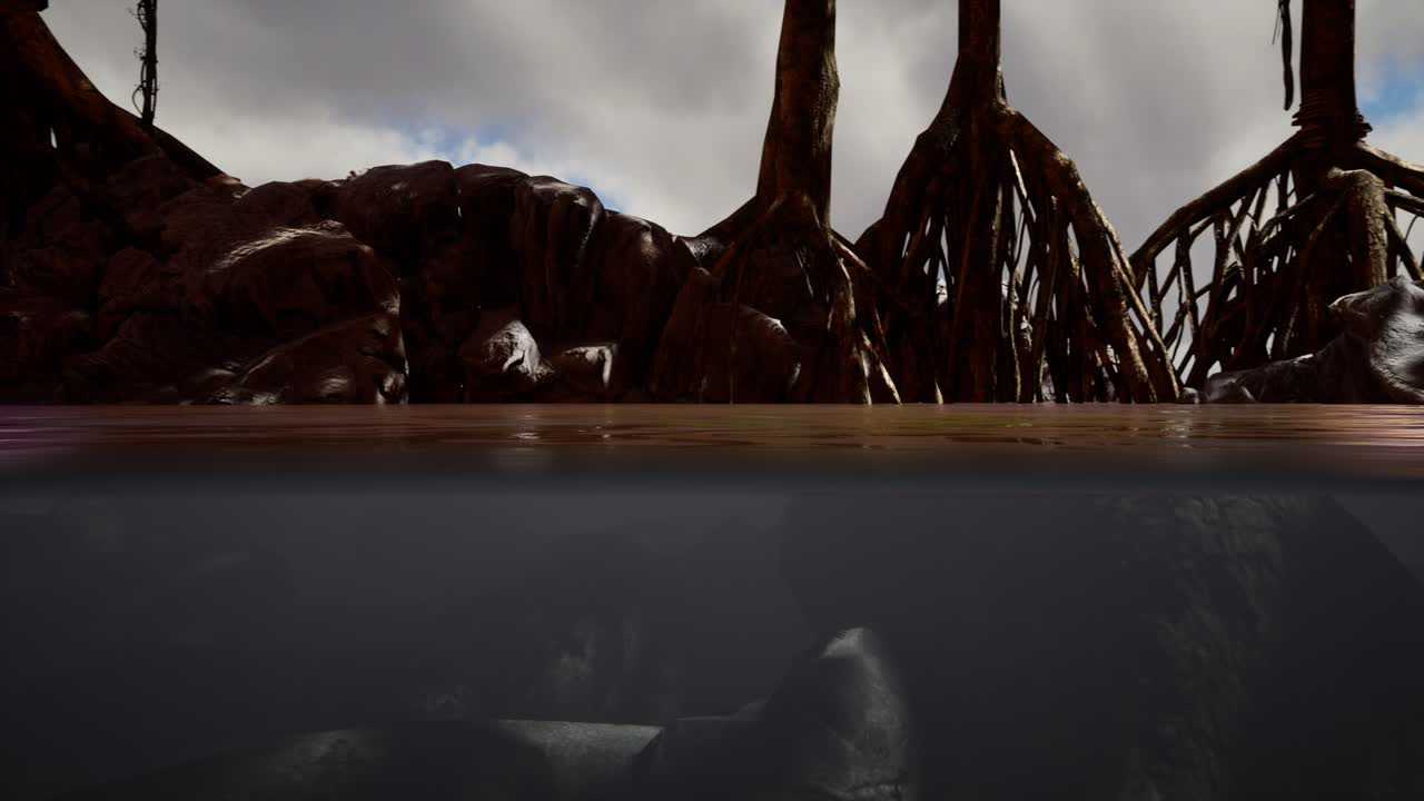 por encima y por debajo de la superficie del mar cerca de los manglares