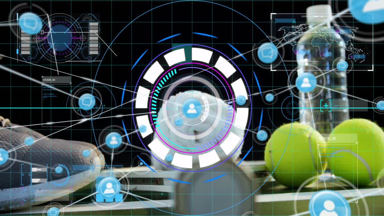 Futuristic HUD interface animating over sports kit showing shoe, towel, tennis balls, water bottle