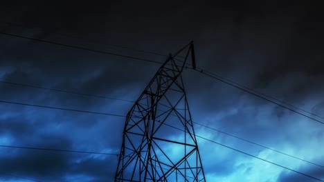 time lapse of electric high voltage electricity tower and lightning strikes on night dark sky in summer. beautiful thunderstorm rolling cloudscape, tornado, supercell bad, danger time. 4k loop