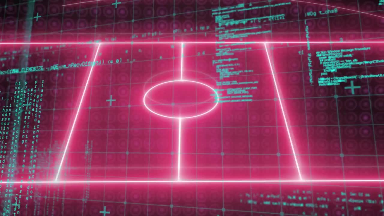 Animation of pink neon sports field and data processing