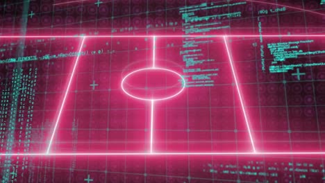 animation of pink neon sports field and data processing