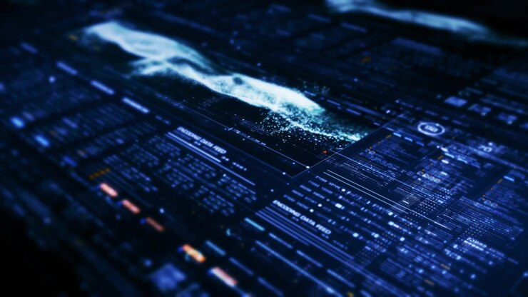 Advanced motion graphic digital data matrix web3 IOT cyber environment simulation big data analytic artificial intelligent simulation, head up display background
