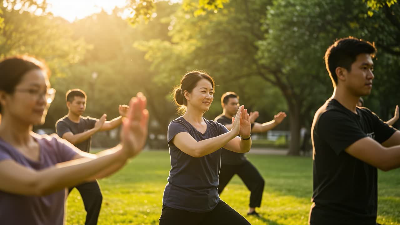 Group Practicing Tai Chi in a Sunlit Park: Engaging Movements and Serenity Captured in Nature's Embrace
