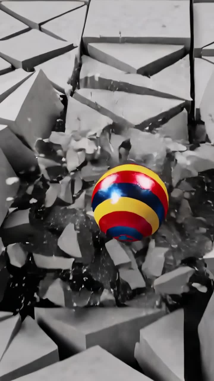 Vertikal video: Stribet sfære kommer ind, rammer gulvet fra højre, knuser fliser, afslører tomrum.