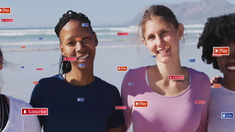 animación del procesamiento de datos de las redes sociales sobre mujeres diversas que hacen ejercicio en la playa