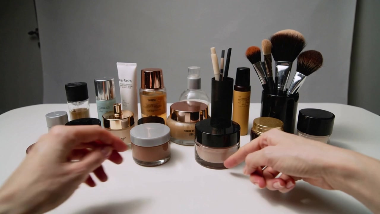 Et par hænder kommer ind i billedet, tager op og arrangerer makeupkrukker, pumpeflaske og børster til udstilling.