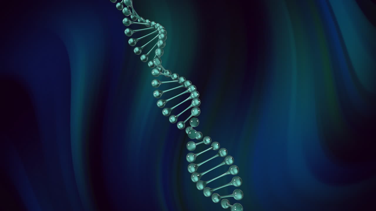 animación de una cadena de adn que gira sobre un fondo azul oscuro y verde en movimiento