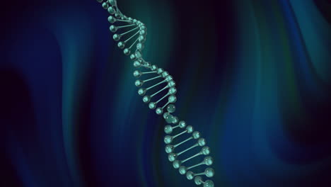 animation of dna strand rotating over moving dark blue and green background