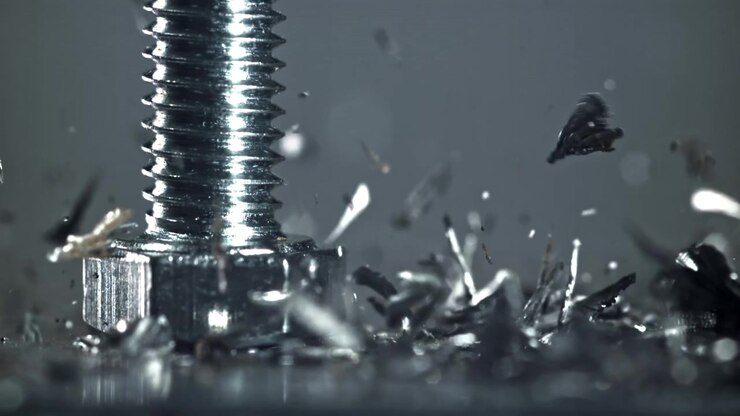 Slow Motion Macro Shot of Metal Shavings Falling Around a Screw