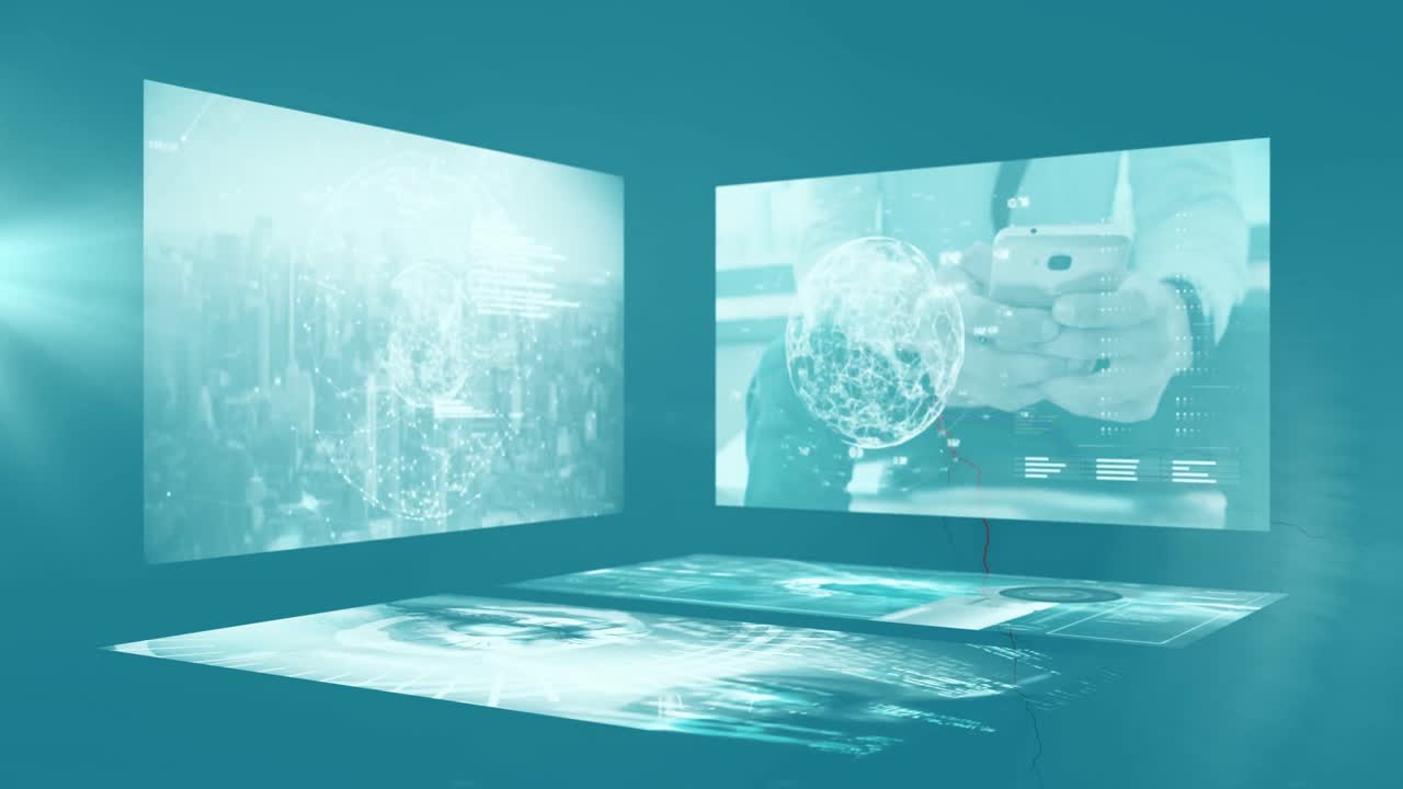 녹색 배경에 디지털 화면에 다양한 보안 데이터의 애니메이션