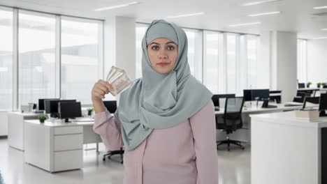 egoistic muslim businesswoman using money as fan