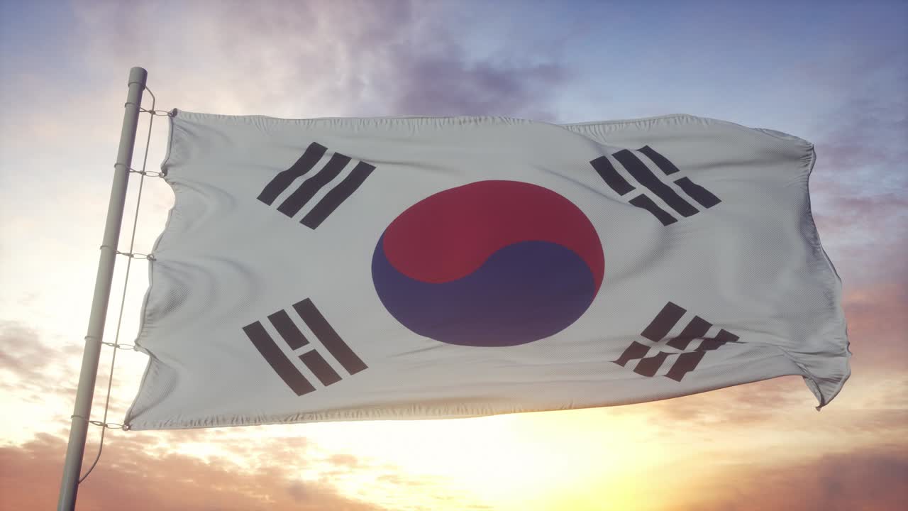 바람에 흔들리는 한국 국기. 한국의 국기