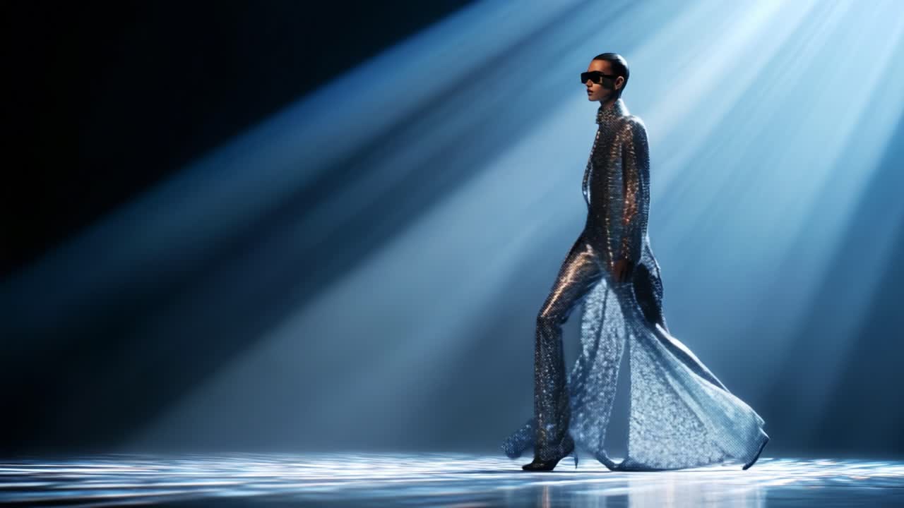 A Stunning Model Takes Center Stage Under Dazzling Spotlights, Exuding Elegance and Confidence in a Shimmering Outfit While Showcasing Fashion-Forward Style on the Runway