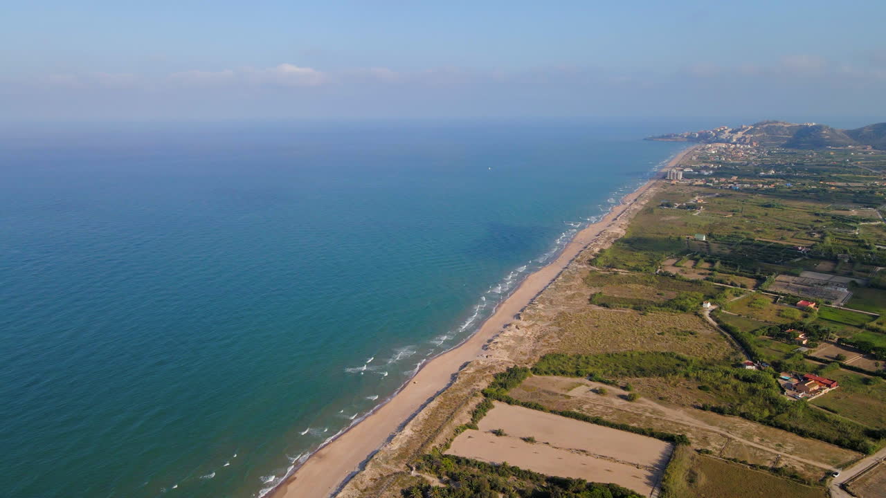 Aerial view of Mareny beach on the Mediterranean coast of Valencia, Spain.