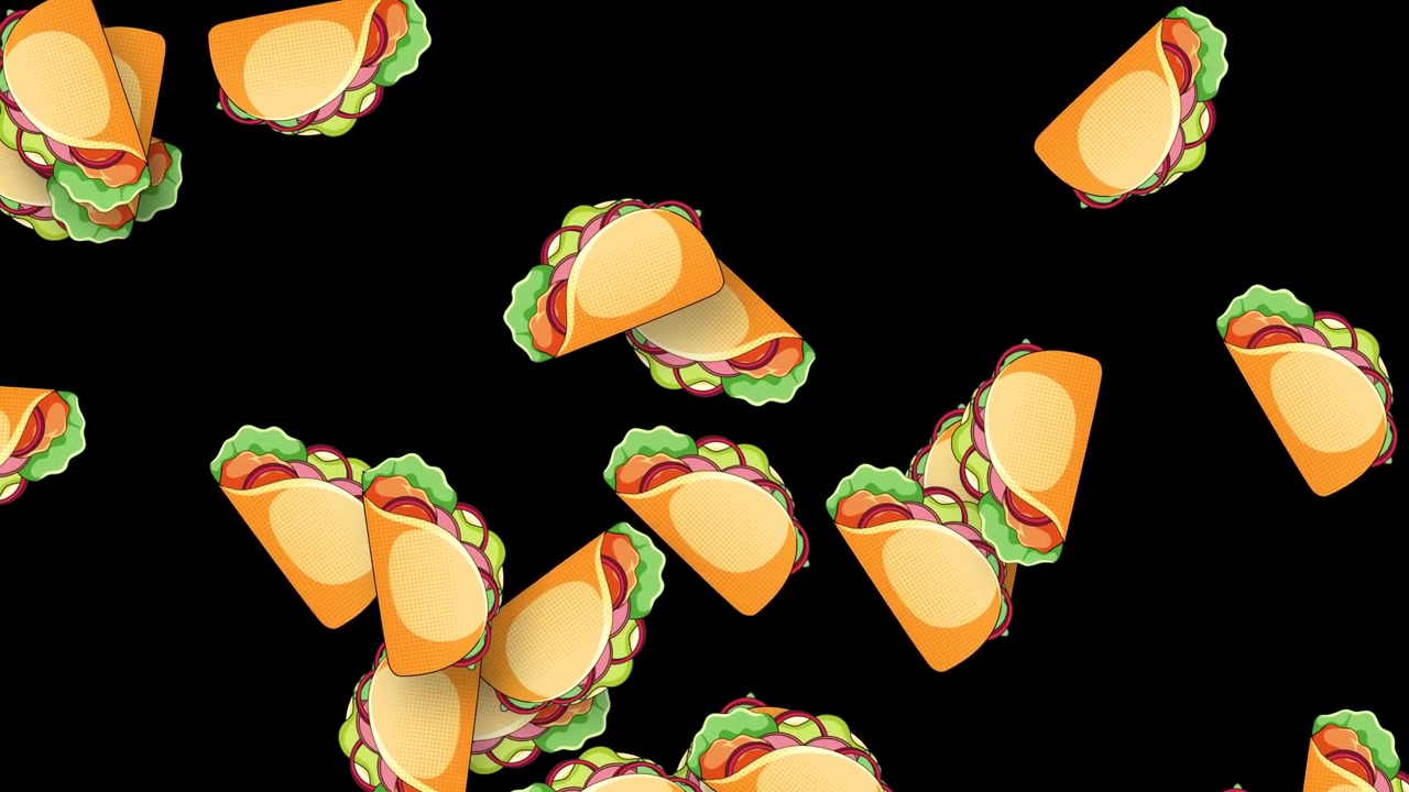 Tacos animados caindo contra um fundo preto