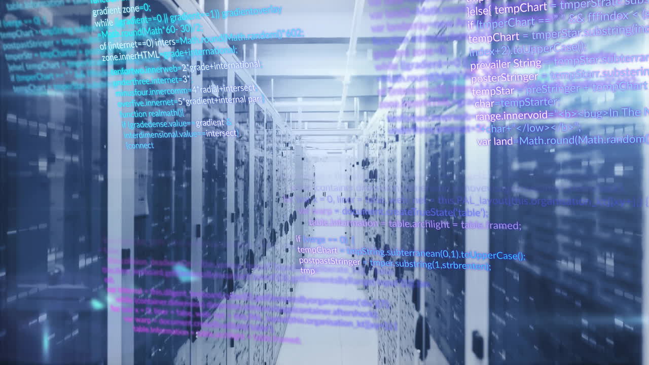 Computer code animation over server racks in data center