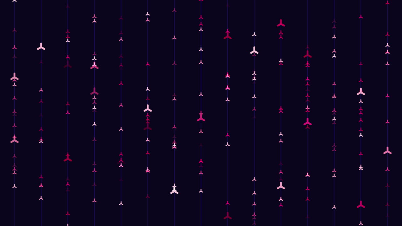 Stylized airplane silhouettes descend in vertical lines on a dark purple background, creating a seamless aviation and travel themed pattern for motion design and overlays
