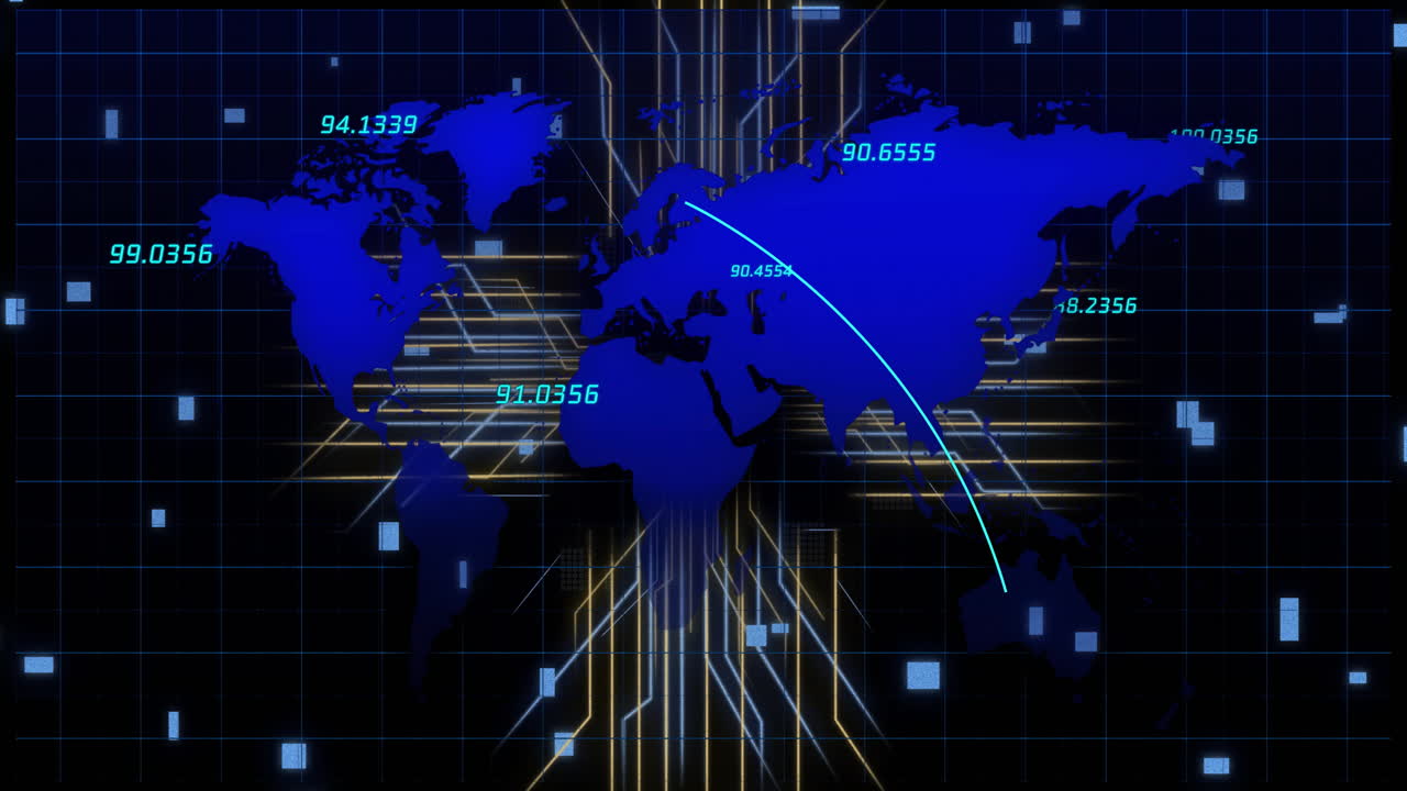 세계 지도에 대한 전 세계 데이터 전송 애니메이션과 숫자 좌표