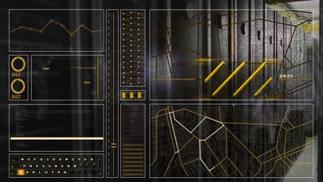 animation of loading circles, changing numbers, navigation pattern, computer language on server room