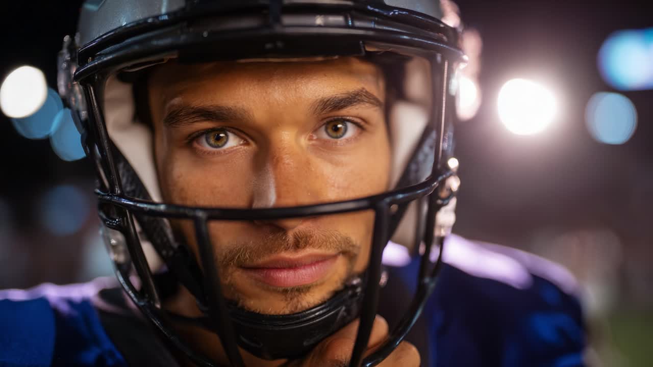 Primer plano intenso de un jugador de fútbol americano con casco preparándose para la acción del partido bajo las brillantes luces del estadio, capturando concentración y determinación