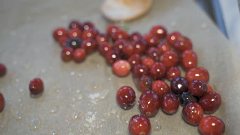 Macro-En-Cámara-Lenta-De-Cerca-De-Arándanos-Rojos-Frescos,-Azúcar-Blanco-Y-Cuchara-De-Madera-En-La-Bandeja-Para-El-Postre-Navideño