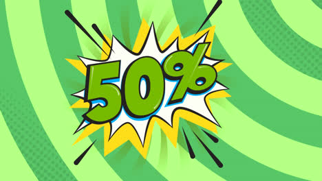 animación de 50 por ciento de texto de ventas sobre el fondo de círculos verdes