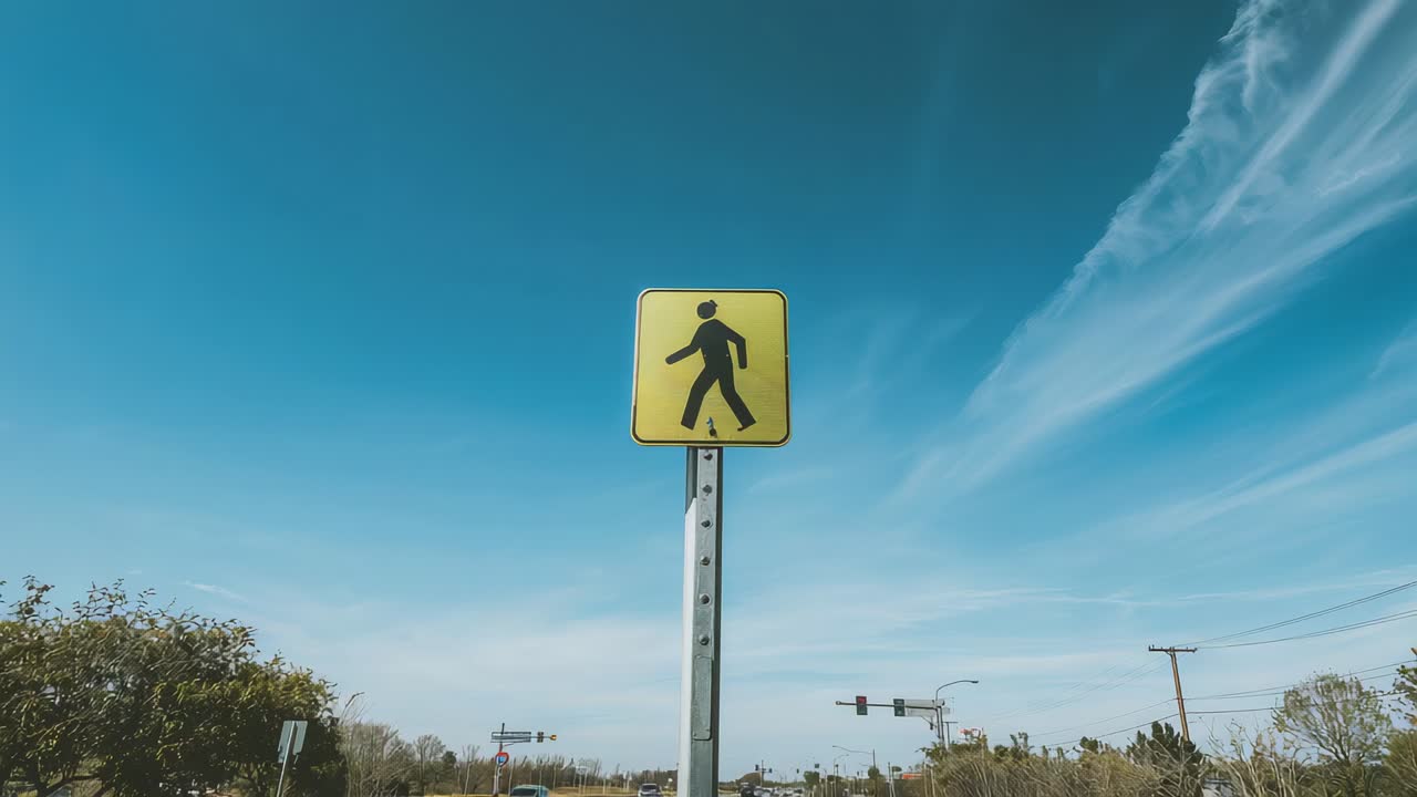 Zooming camera starting toward yellow pedestrian crossing sign on pole at road to highlight safety