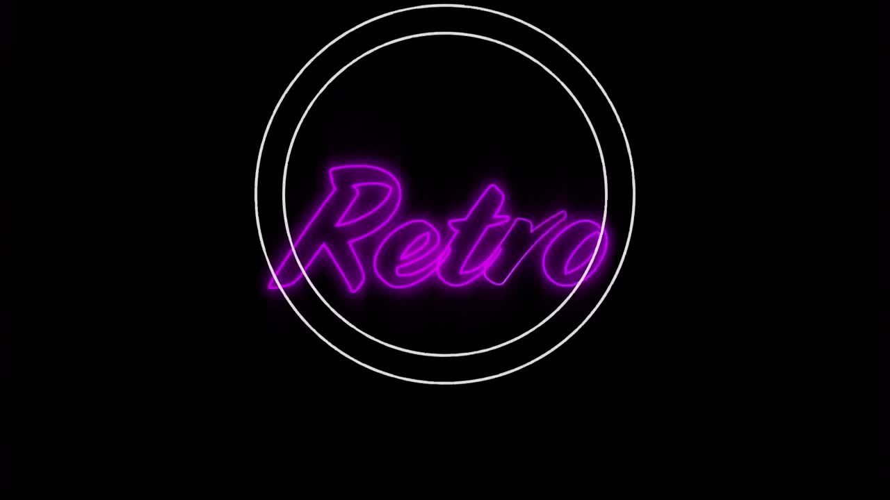 Animazione del testo "retro" con lettere al neon rosa e un contorno circolare bianco su sfondo nero